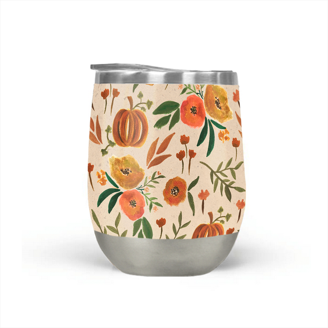 Floral Fall Pumpkin Stemless Wine Tumbler