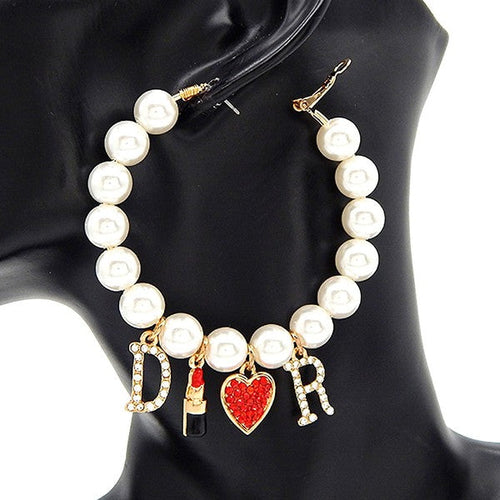 Initial DR Lipstic Heart Dangle Hoop Earrings