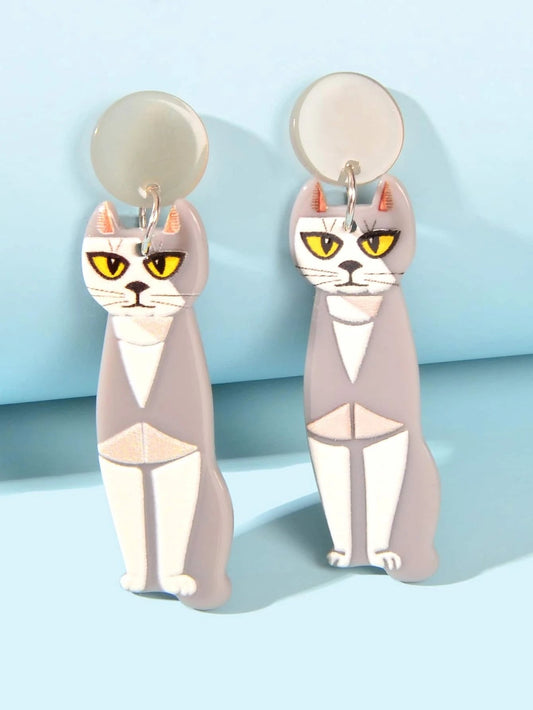 Cartoon Design Gray Resin Acrylic Cat Big Earrings Personality Women