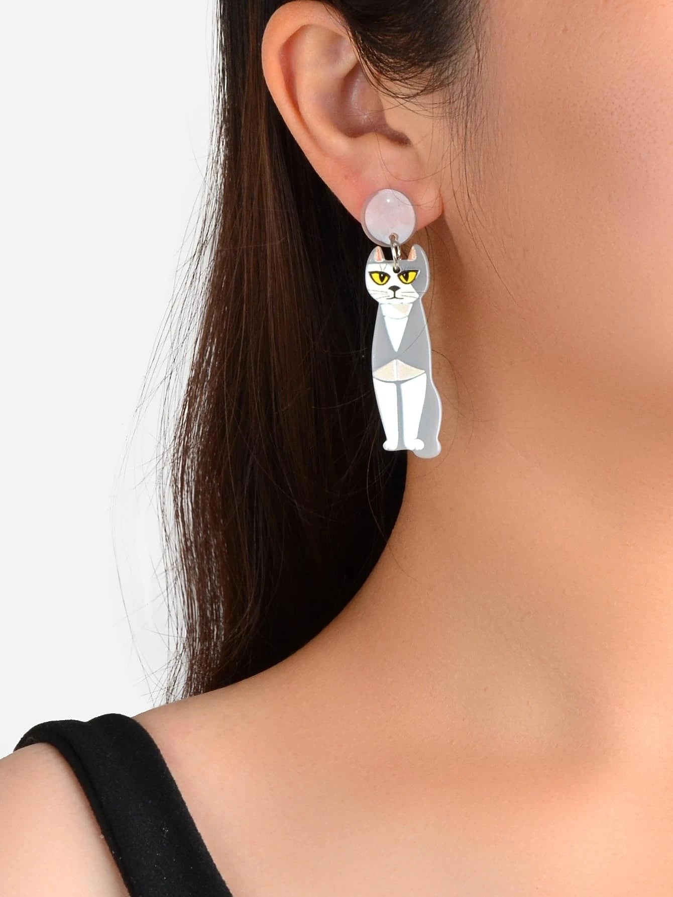 Cartoon Design Gray Resin Acrylic Cat Big Earrings Personality Women