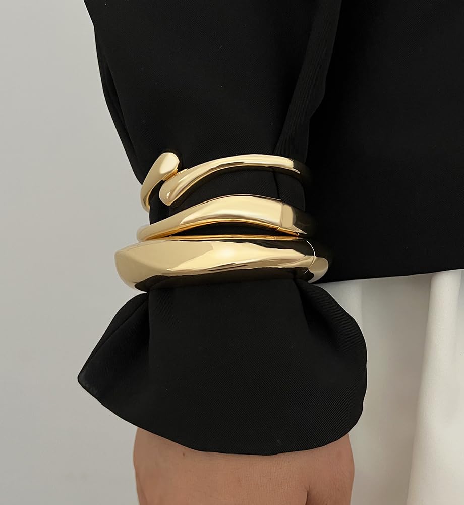 Chunky Gold Bangle Bracelets for Women, Dainty 14k Gold Plated Big Stackable Bangles Set, Trendy Statement Cuff Bracelet Stack Summer Beach Jewelry Gifts