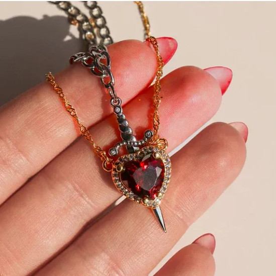 Sophia Heart & Sword Layered Necklace (One Set)