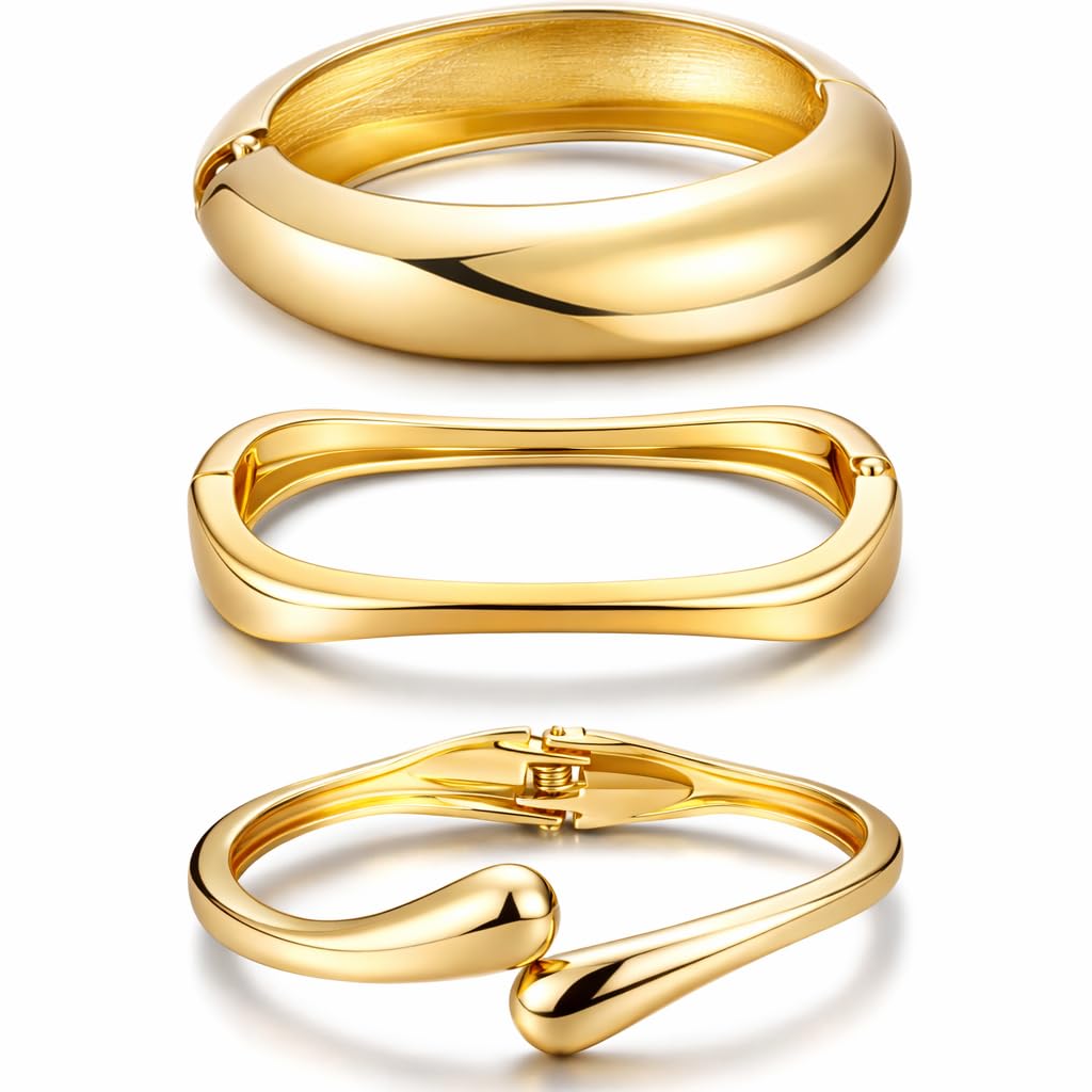 Chunky Gold Bangle Bracelets for Women, Dainty 14k Gold Plated Big Stackable Bangles Set, Trendy Statement Cuff Bracelet Stack Summer Beach Jewelry Gifts