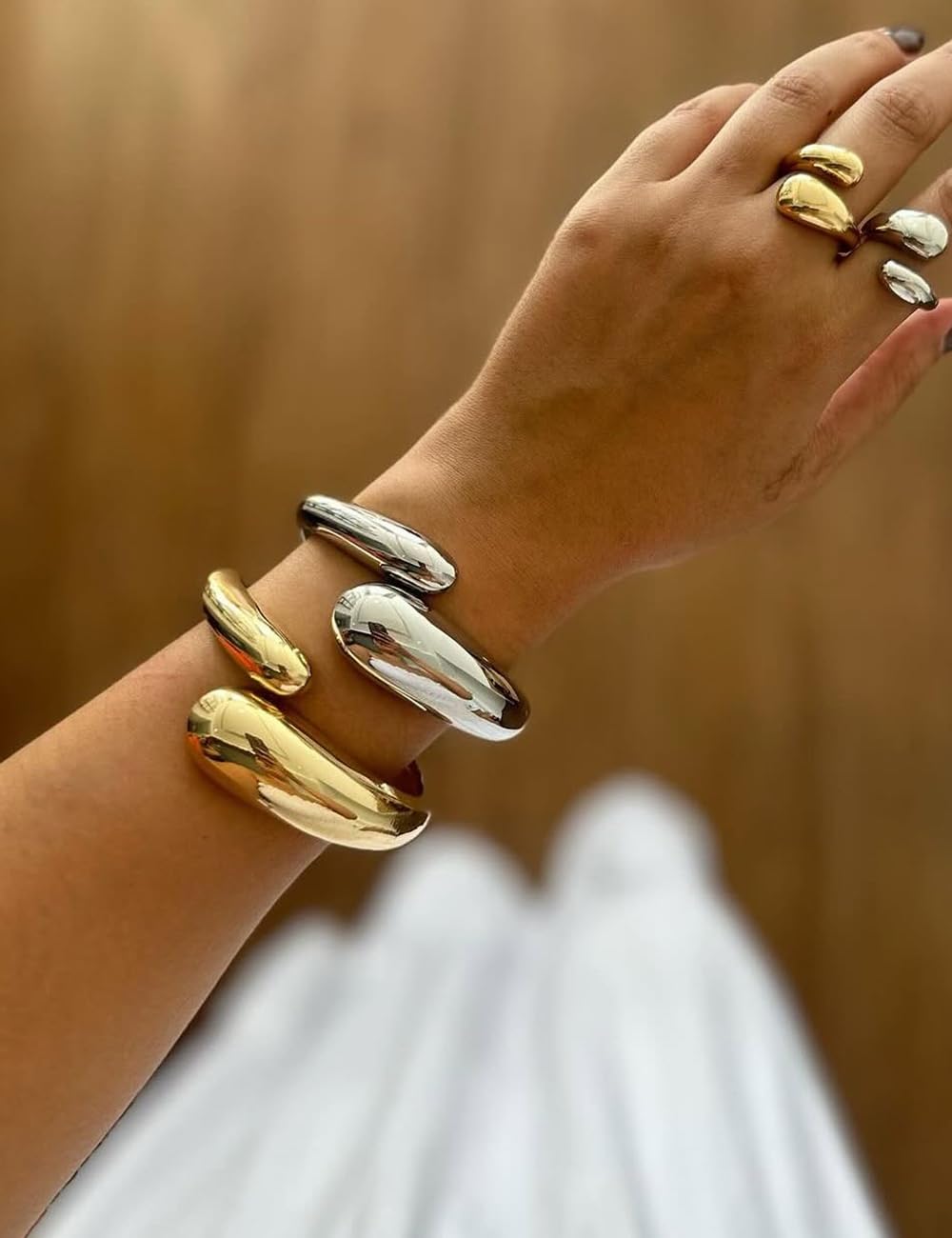 Chunky Gold Bangle Bracelets for Women, Dainty 14k Gold Plated Big Stackable Bangles Set, Trendy Statement Cuff Bracelet Stack Summer Beach Jewelry Gifts