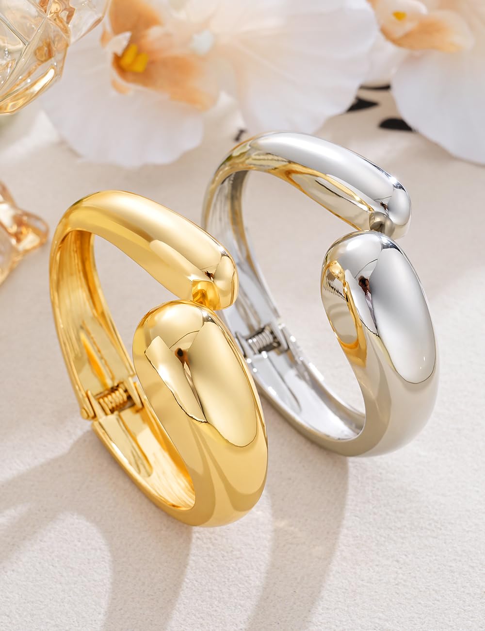 Chunky Gold Bangle Bracelets for Women, Dainty 14k Gold Plated Big Stackable Bangles Set, Trendy Statement Cuff Bracelet Stack Summer Beach Jewelry Gifts
