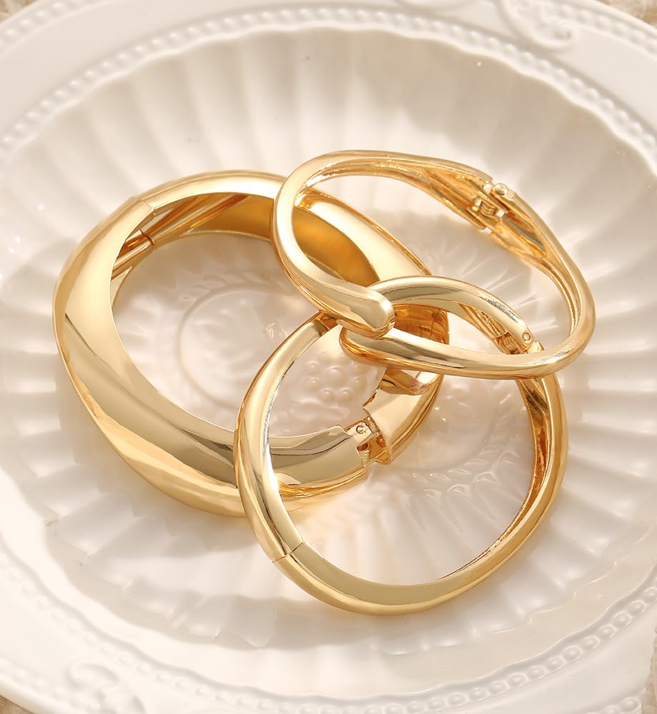 Chunky Gold Bangle Bracelets for Women, Dainty 14k Gold Plated Big Stackable Bangles Set, Trendy Statement Cuff Bracelet Stack Summer Beach Jewelry Gifts