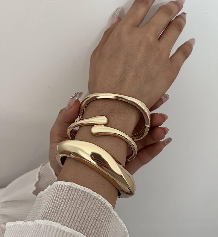 Chunky Gold Bangle Bracelets for Women, Dainty 14k Gold Plated Big Stackable Bangles Set, Trendy Statement Cuff Bracelet Stack Summer Beach Jewelry Gifts