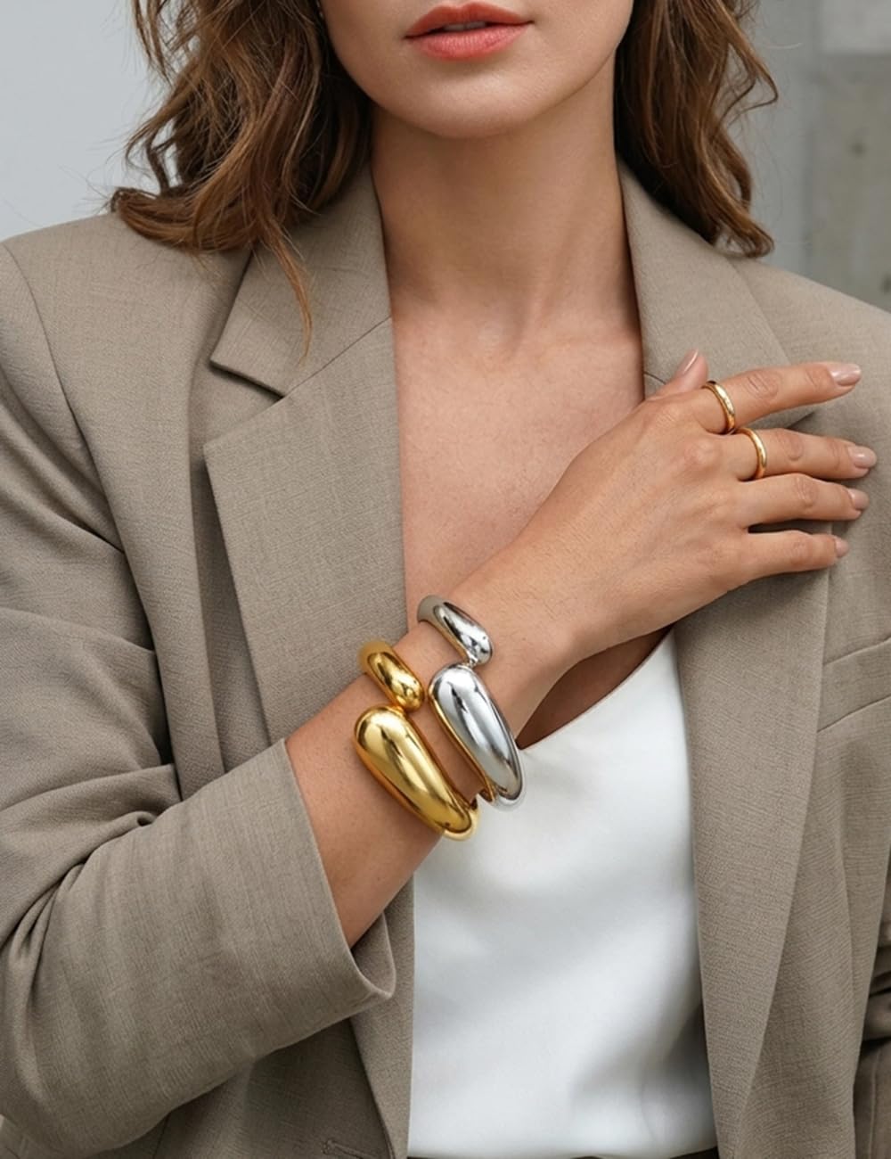 Chunky Gold Bangle Bracelets for Women, Dainty 14k Gold Plated Big Stackable Bangles Set, Trendy Statement Cuff Bracelet Stack Summer Beach Jewelry Gifts