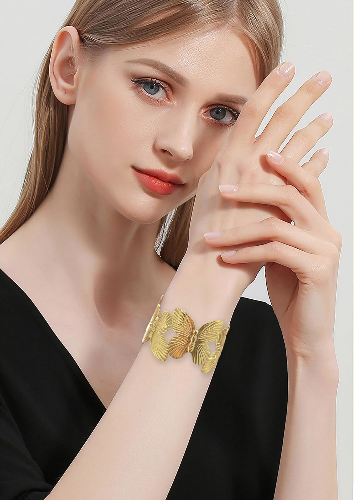 WOWORAMA Chunky Gold Cuff Bracelets for Women Vintage Gold Flower Butterfly Bracelet Trendy Boho Wide Open Cuff Bangles Matte Statement Bracelet
