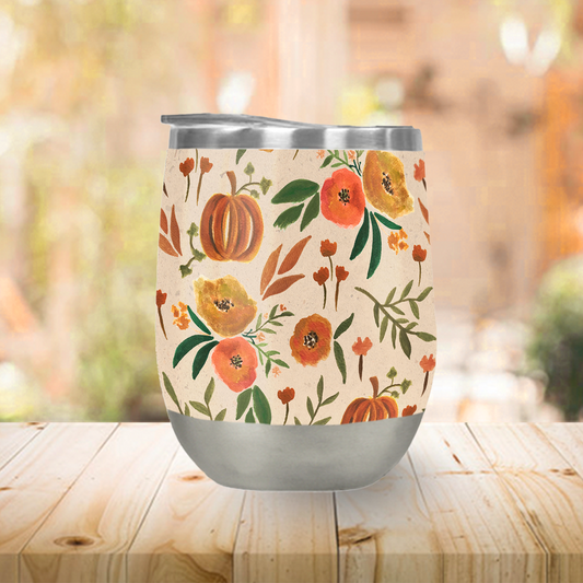 Floral Fall Pumpkin Stemless Wine Tumbler