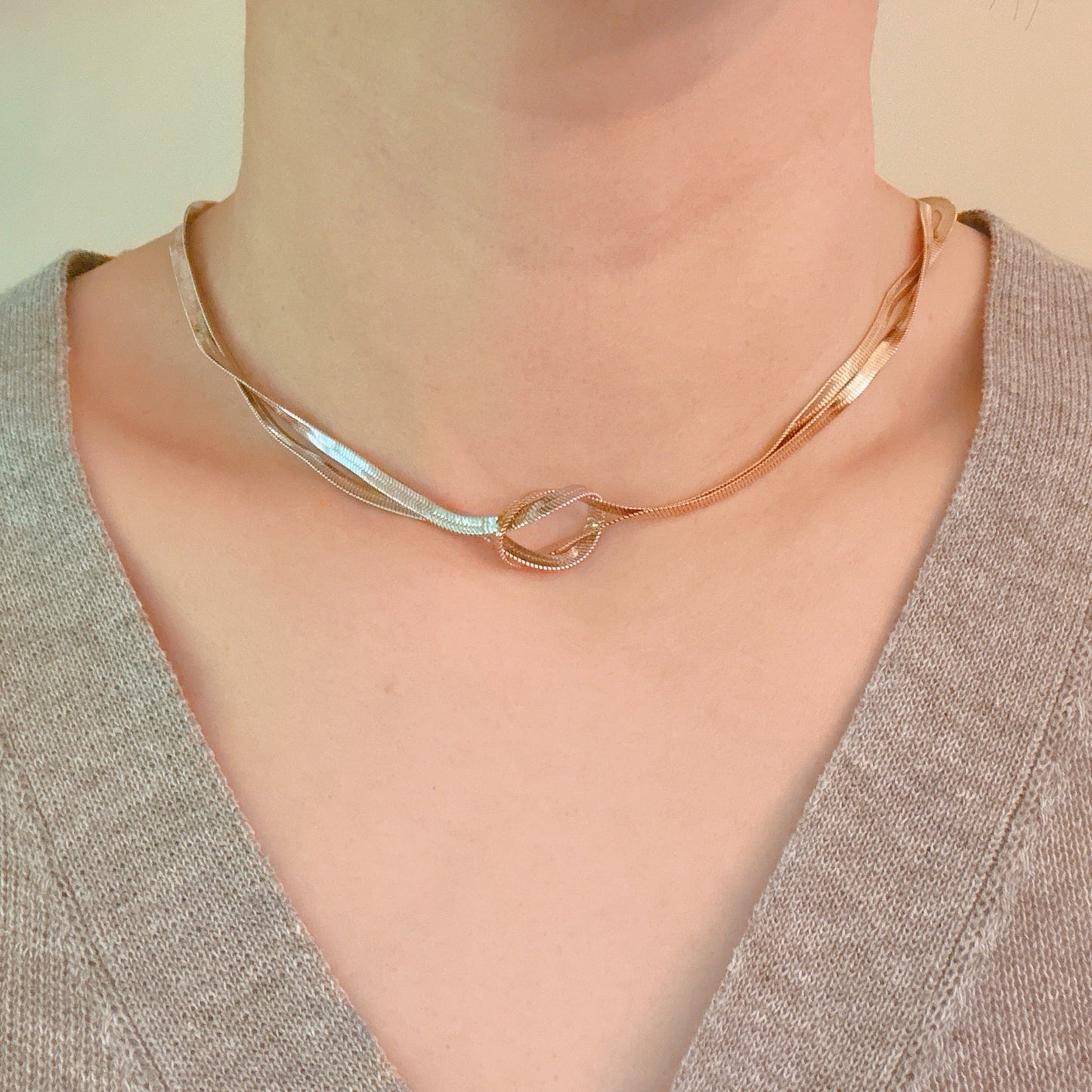 Knotted Two Tone Herringbone Chain Necklace