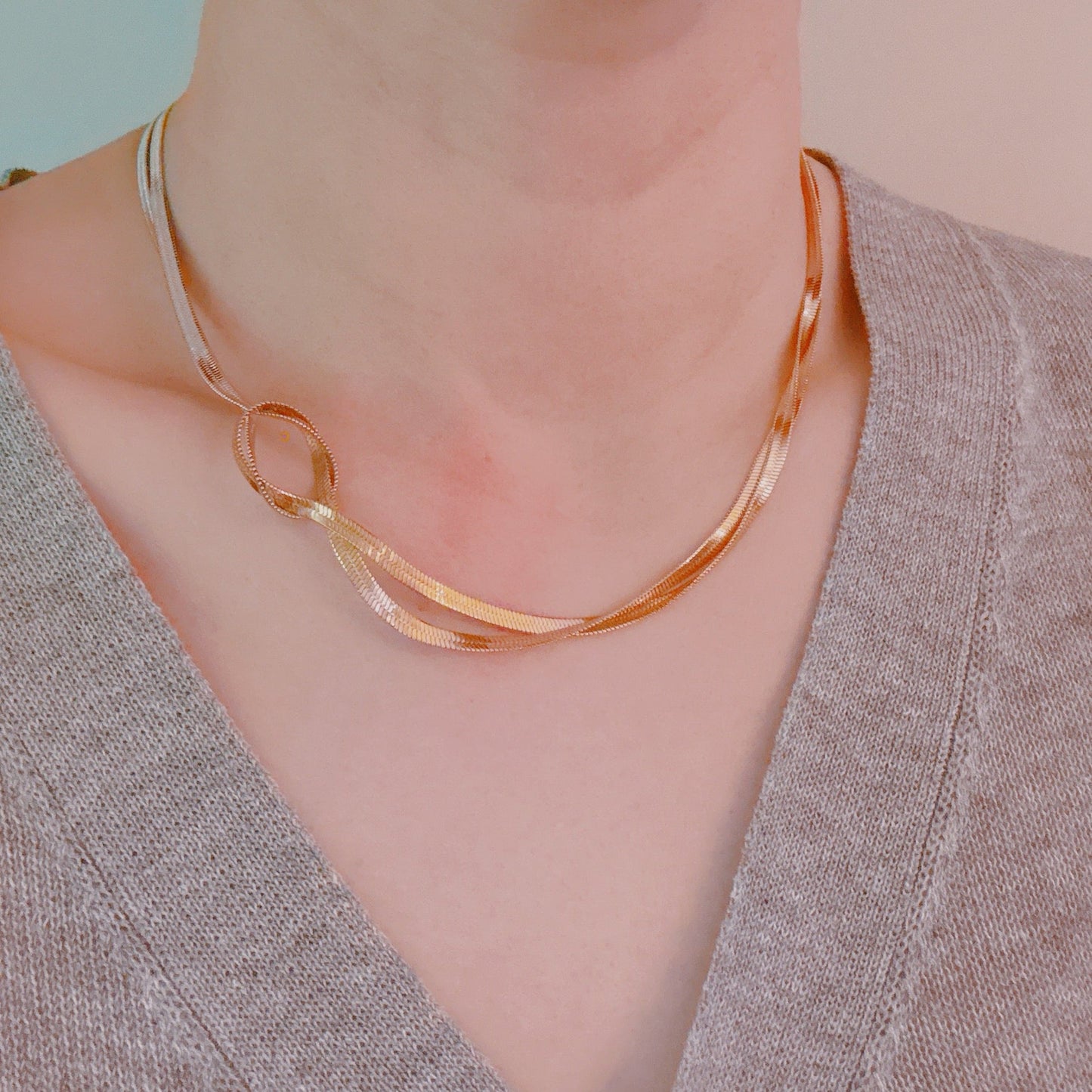 Knotted Two Tone Herringbone Chain Necklace