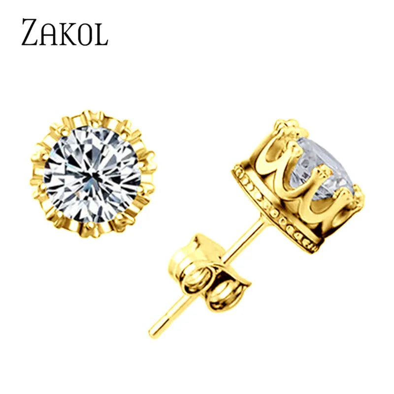 ZAKOL Fashion Crown Women Classic Shining Round Cz Zircon Small Stud Earrings Gold Color Ears for Men Crystal Party Jewelry