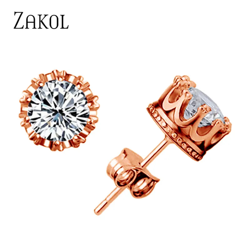 ZAKOL Fashion Crown Women Classic Shining Round Cz Zircon Small Stud Earrings Gold Color Ears for Men Crystal Party Jewelry
