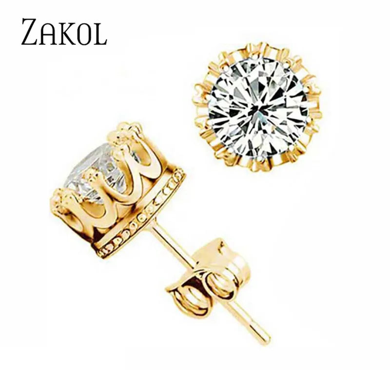 ZAKOL Fashion Crown Women Classic Shining Round Cz Zircon Small Stud Earrings Gold Color Ears for Men Crystal Party Jewelry