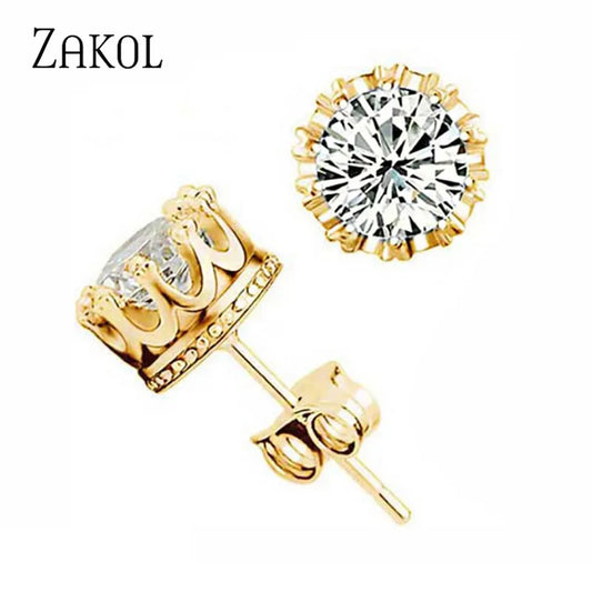 ZAKOL Fashion Crown Women Classic Shining Round Cz Zircon Small Stud Earrings Gold Color Ears for Men Crystal Party Jewelry