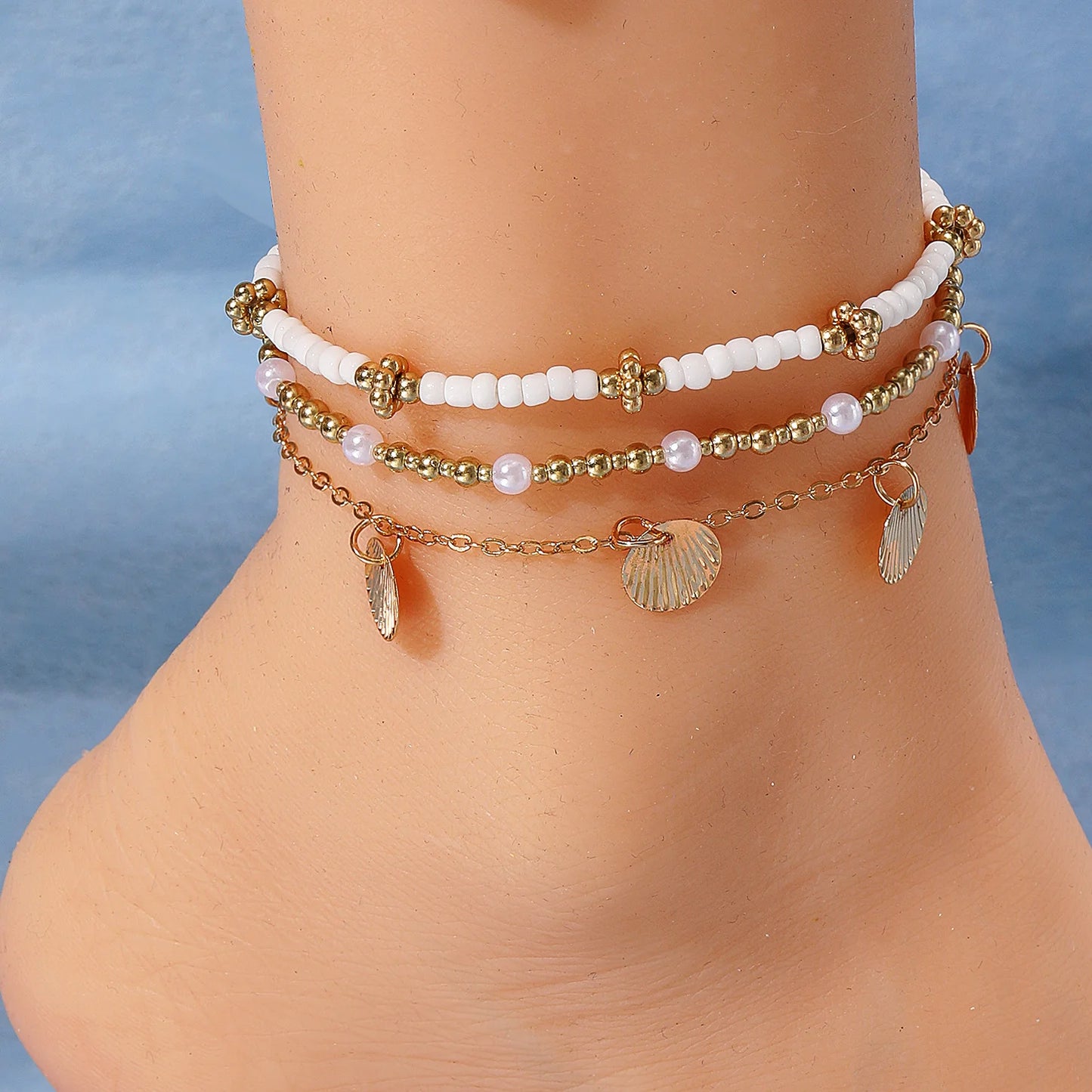 3pcs Retro Pearl Beads Anklet for Women Fashion Handmade Shell Butterfly On Foot Bracelet Bohemian Summer Beach Jewelry Gifts
