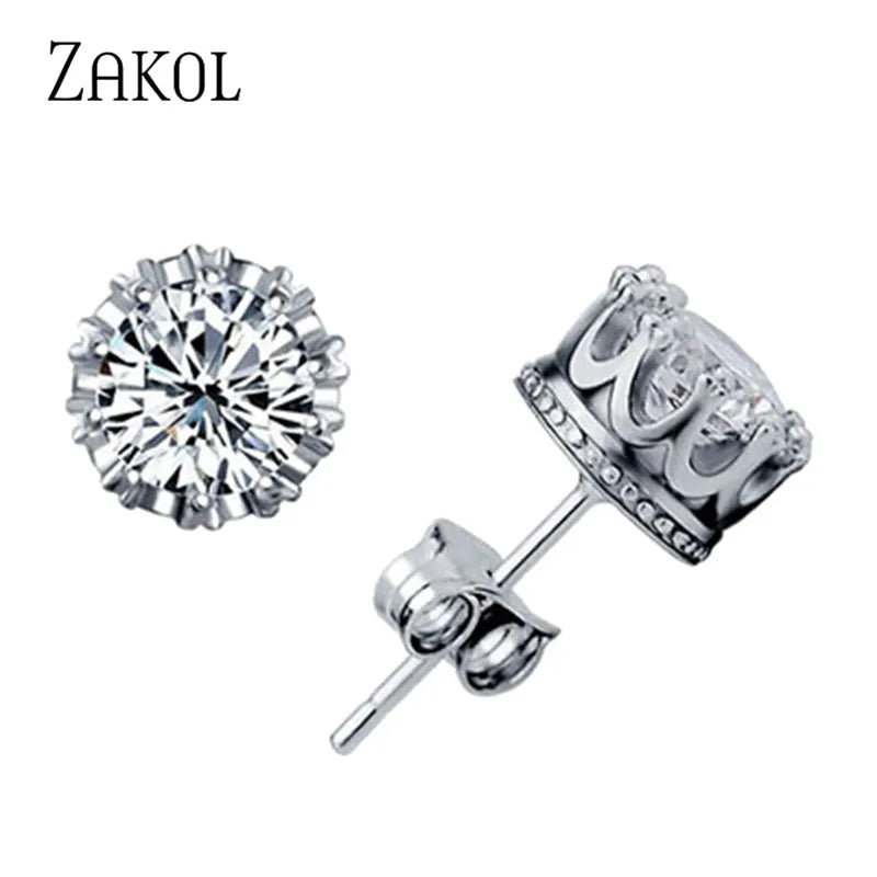 ZAKOL Fashion Crown Women Classic Shining Round Cz Zircon Small Stud Earrings Gold Color Ears for Men Crystal Party Jewelry