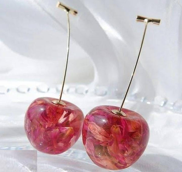 Elegant Resin Cherry Drop Earrings with Real Dried Flower Petals –